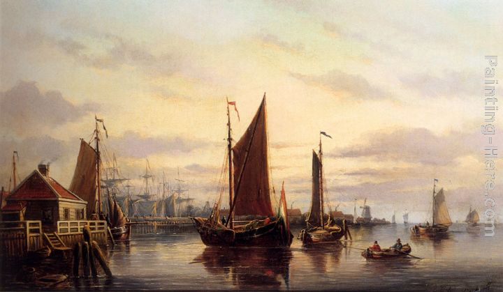 A View Of The IJ, Amsterdam, With Various Shipping Near Het Slagthuys painting - Johannes Hilverdink A View Of The IJ, Amsterdam, With Various Shipping Near Het Slagthuys art painting